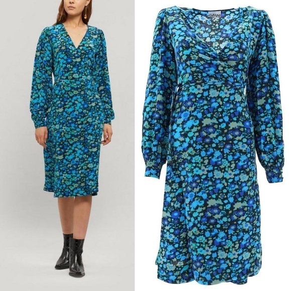 GANNI Azure Blue Wrap Dress 34 - Picture 12 of 15